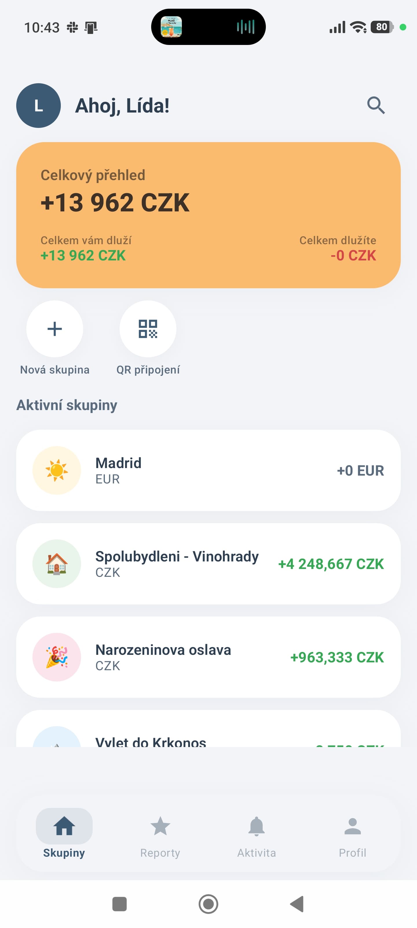 Kvitta aplikace - přehled skupin a celkového zůstatku